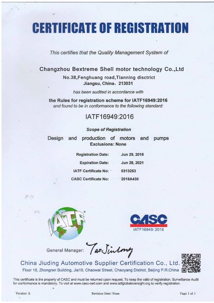 CINA Changzhou Bextreme Shell Motor Technology Co.,Ltd Certificazioni